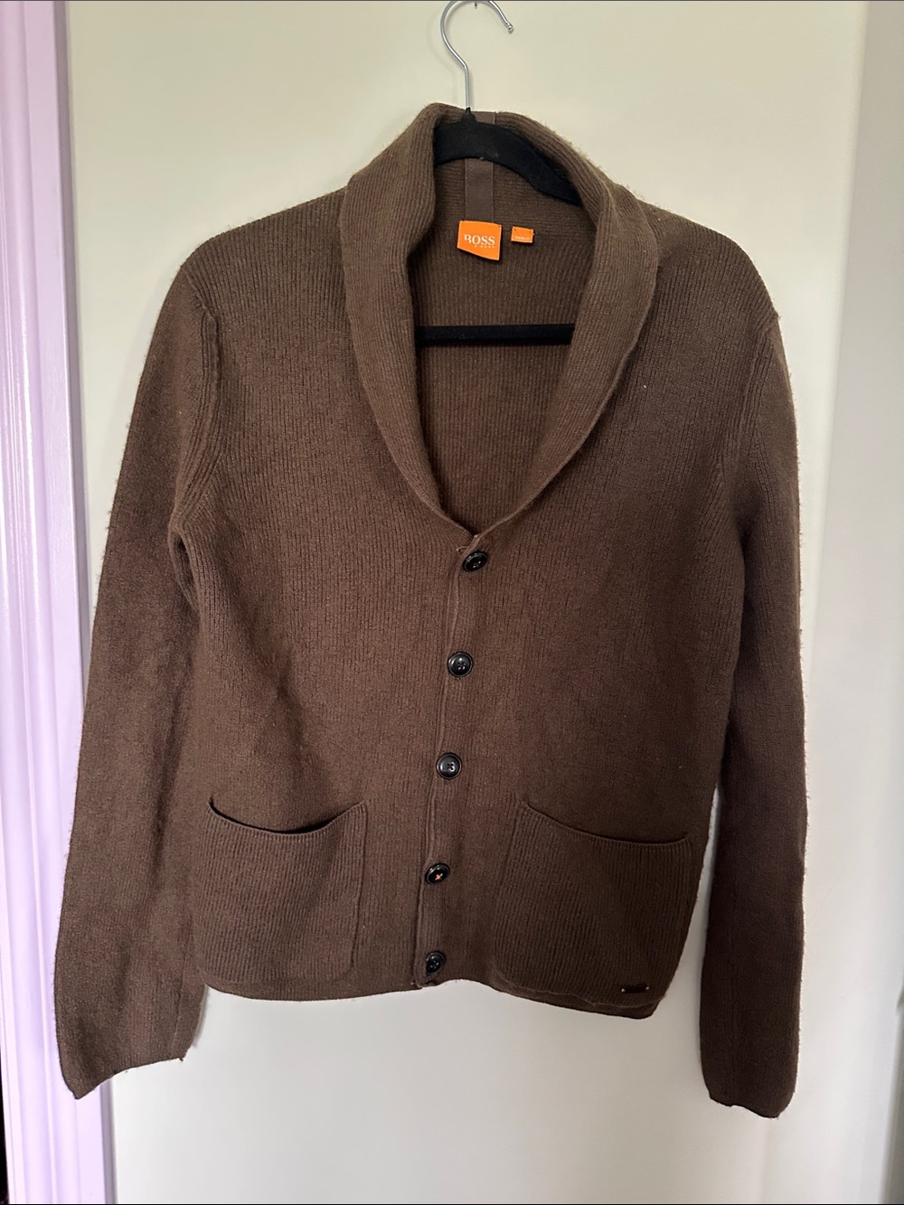 BOSS Brown Shawl Collar Button-Up Knit Cardigan